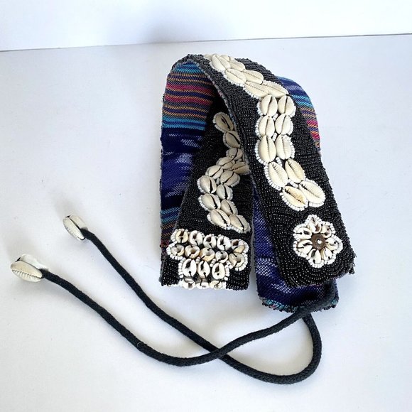 BOHO Black White Beaded Hippie Cowrie Shell & Coconut Buttons Women's Tied Belt - Picture 2 of 5